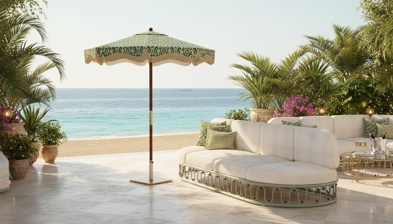 Le parasol Matera, créé en partenariat avec Mediterrazza, est une expression raffinée du mobilier de luxe pour l'extérieur. Il est doté d'une base en iroko fabriquée à la main avec des détails métalliques élégants pour la durabilité et le style,