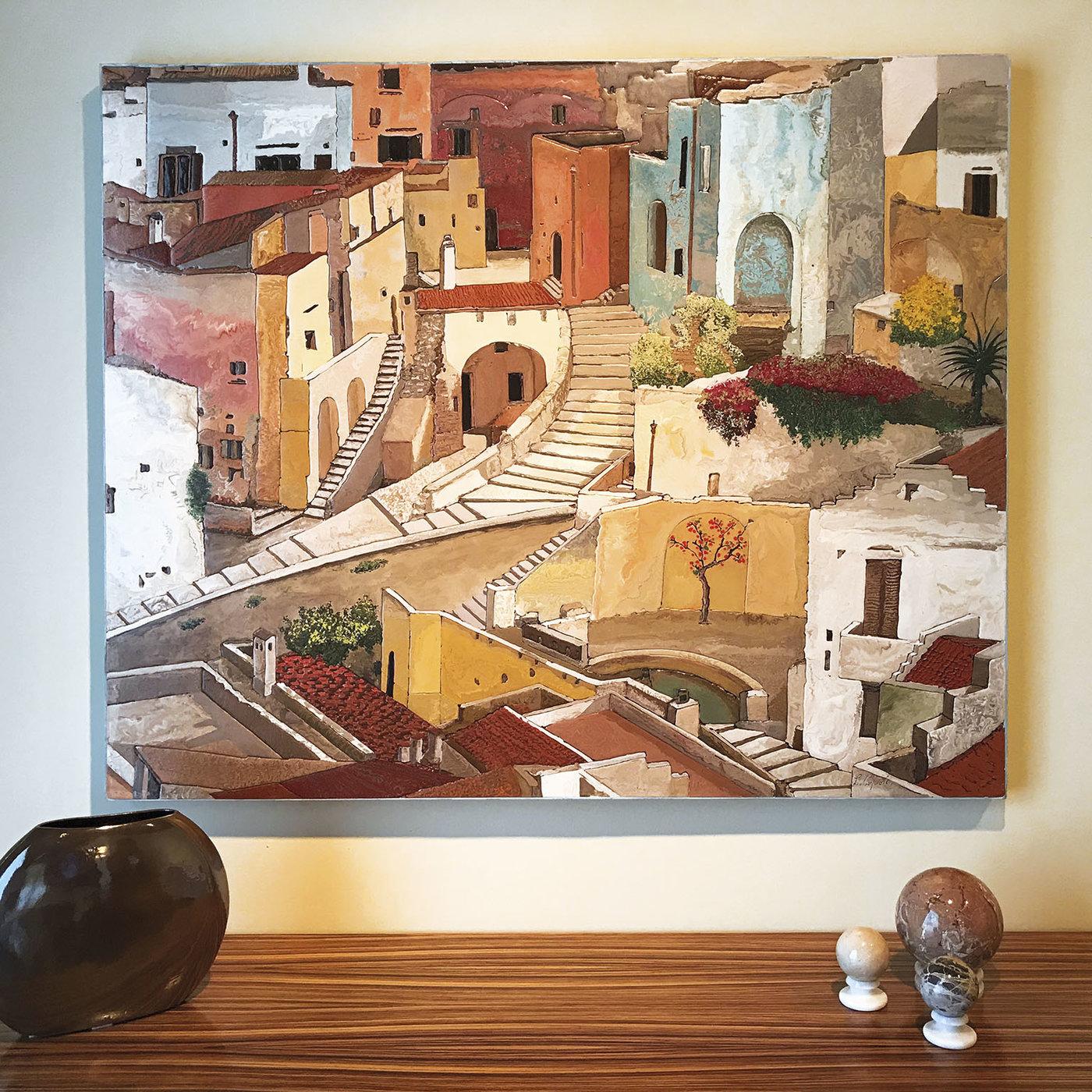 The artist was inspired to paint this wooden art panel after visiting Matera, the 2019 European Capital Of Culture, as a means of sharing his unique emotional response to this southern Italian city. He utilizes a series of reliefs and scagliola