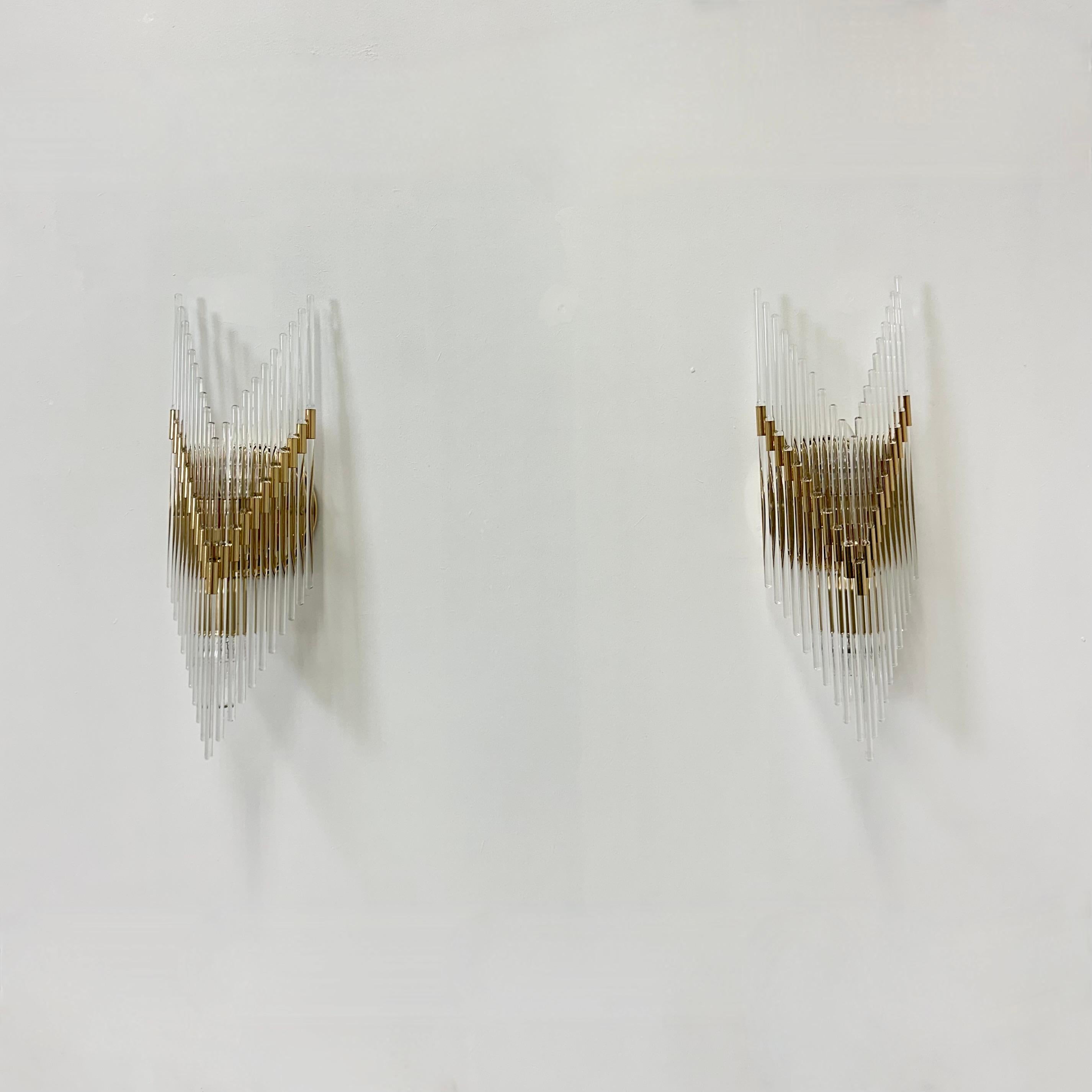 Set of 2 crystal glass rods wall lamps , 1970s

Set of 2 wonderful wall lamps , 1970s
Dimensions: 45cm Height , 14,5cm Width , 11cm Depth
Condition: Good