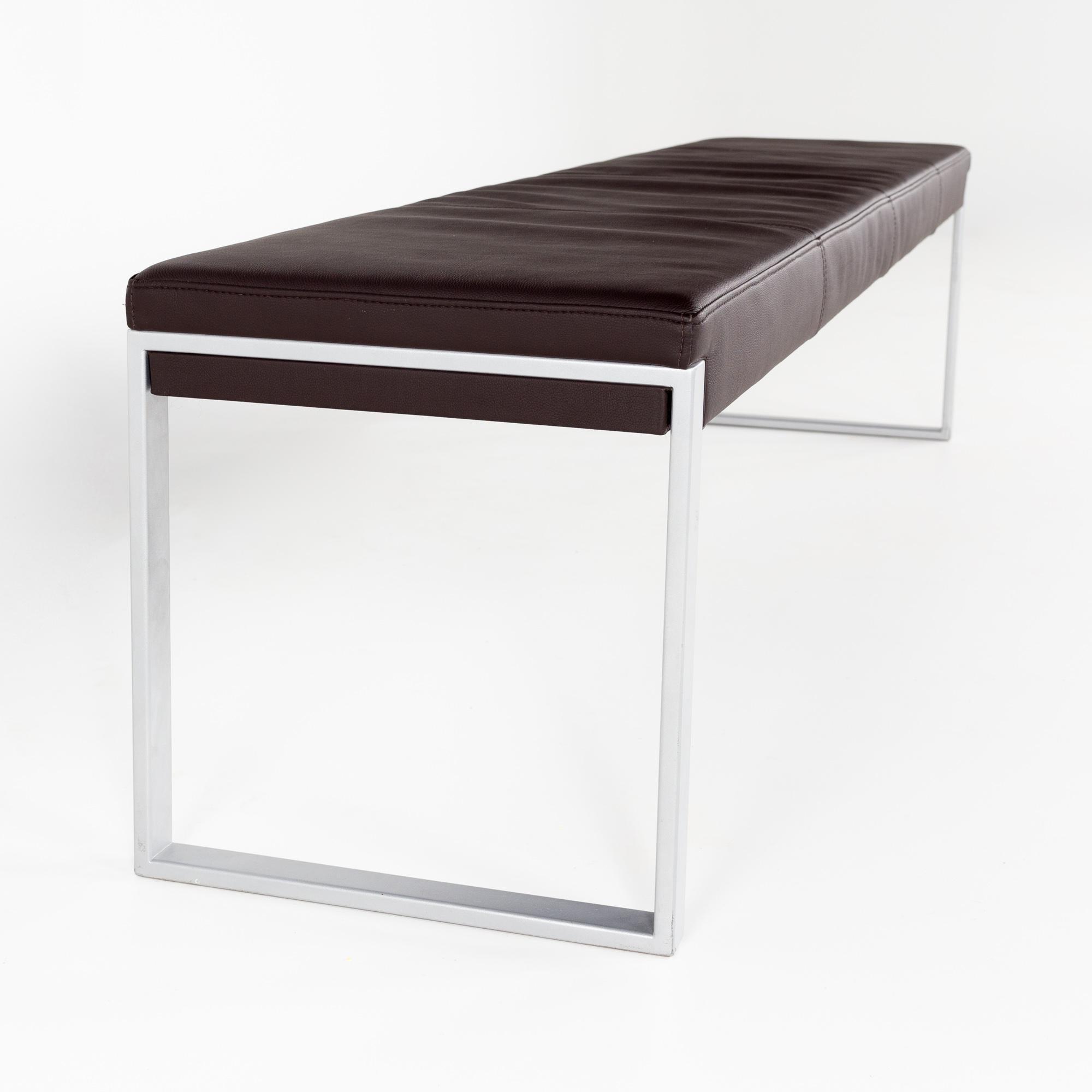 Material Possessions Contemporary Long Leather and Steel Bench 2