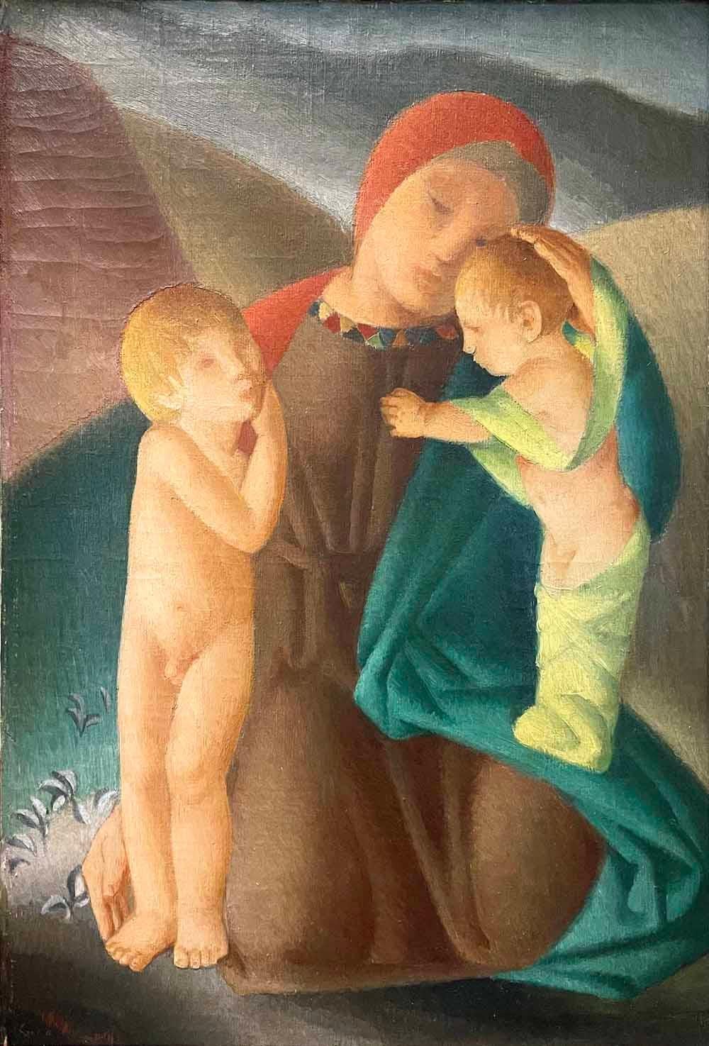 One of the most beautiful and tender depictions of maternal love from the Art Deco period that we have ever seen, this richly-toned oil painting by Gino Conti portrays a mother with her two sons, one on her knee and the other standing by her side.