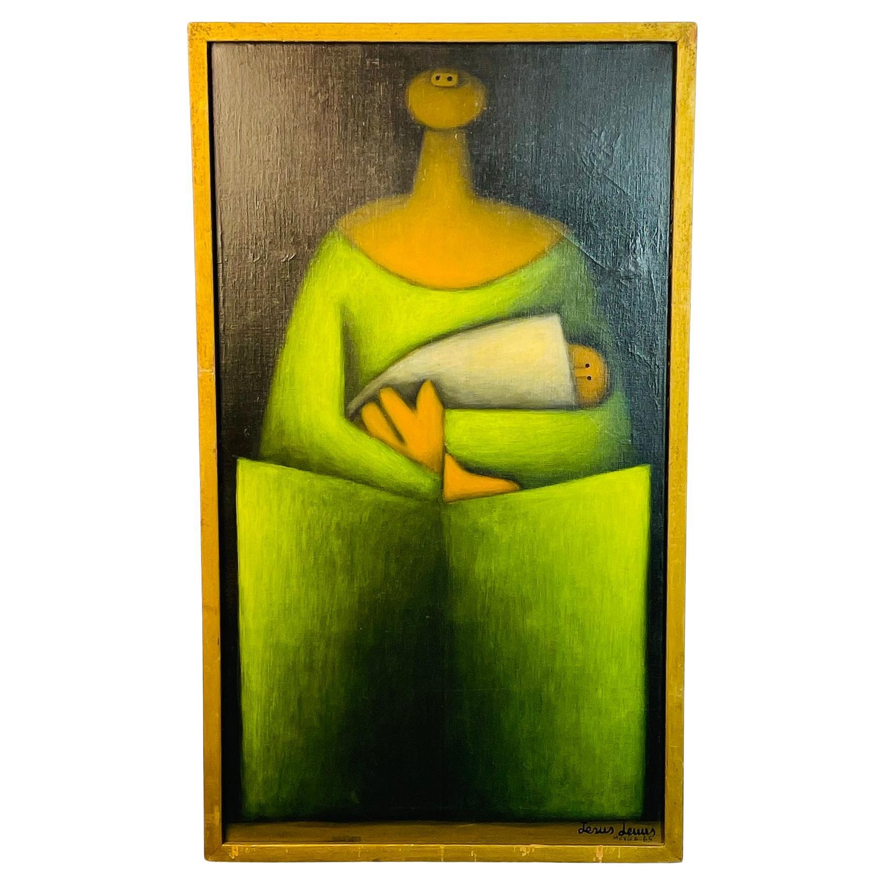 "Maternidad" Oil on Canvas by Jesus Mariano Leuus, Mexico 65, Signed For Sale
