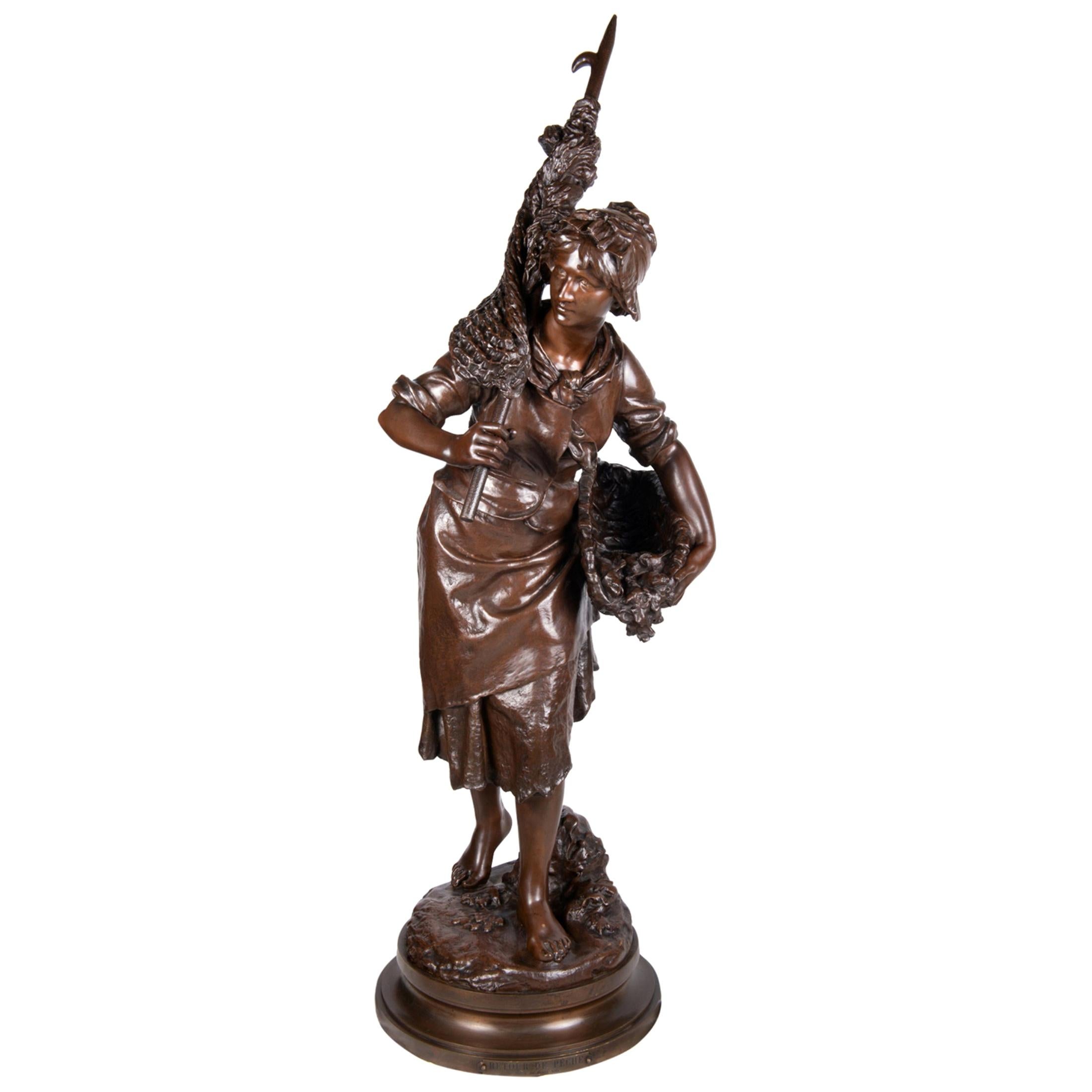 Math. Moreau Bronze Fisher Girl, 19th Century For Sale