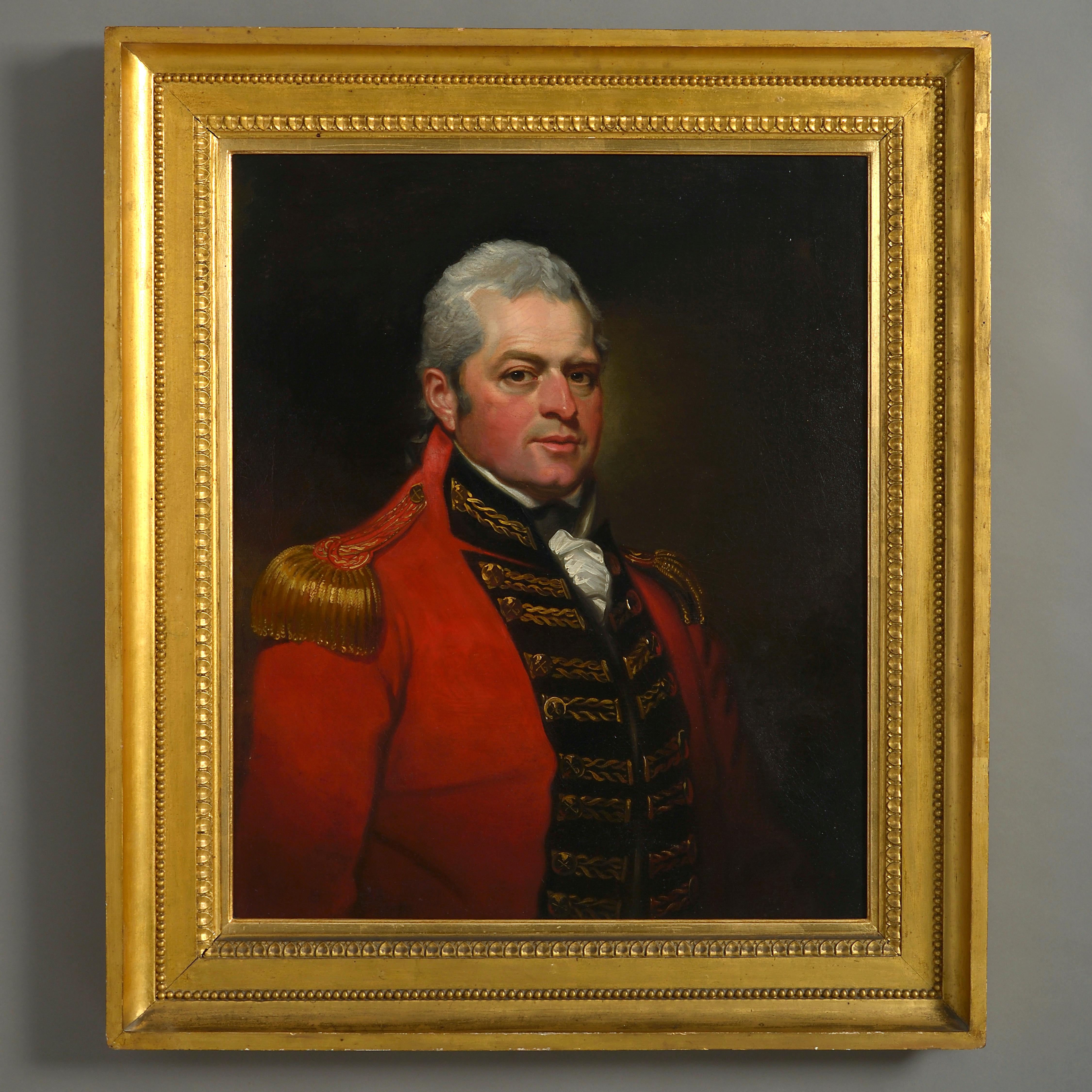 Mather Brown (1761-1831)
Portrait of Major-General John Robinson (1757-1819)

Oil on canvas; held in a period giltwood frame

Provenance: Denston Hall, Suffolk and by descent

Literature:  Suffolk Portraits, mss by Edmund Farrer, 1921. Vol. 5 (West