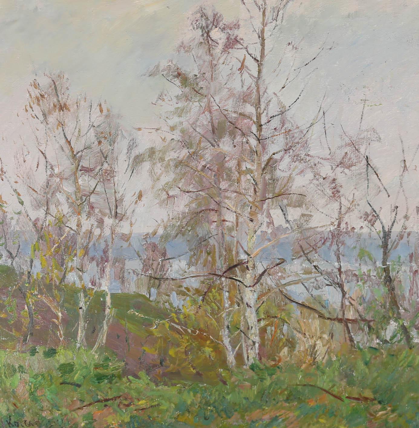 A fine example of Mid Century landscape painting, with influence from Impressionism and a more gestural and confident brush work added in the create a more contemporary take on en plein air painting. The scene shows a line of stark silver birch