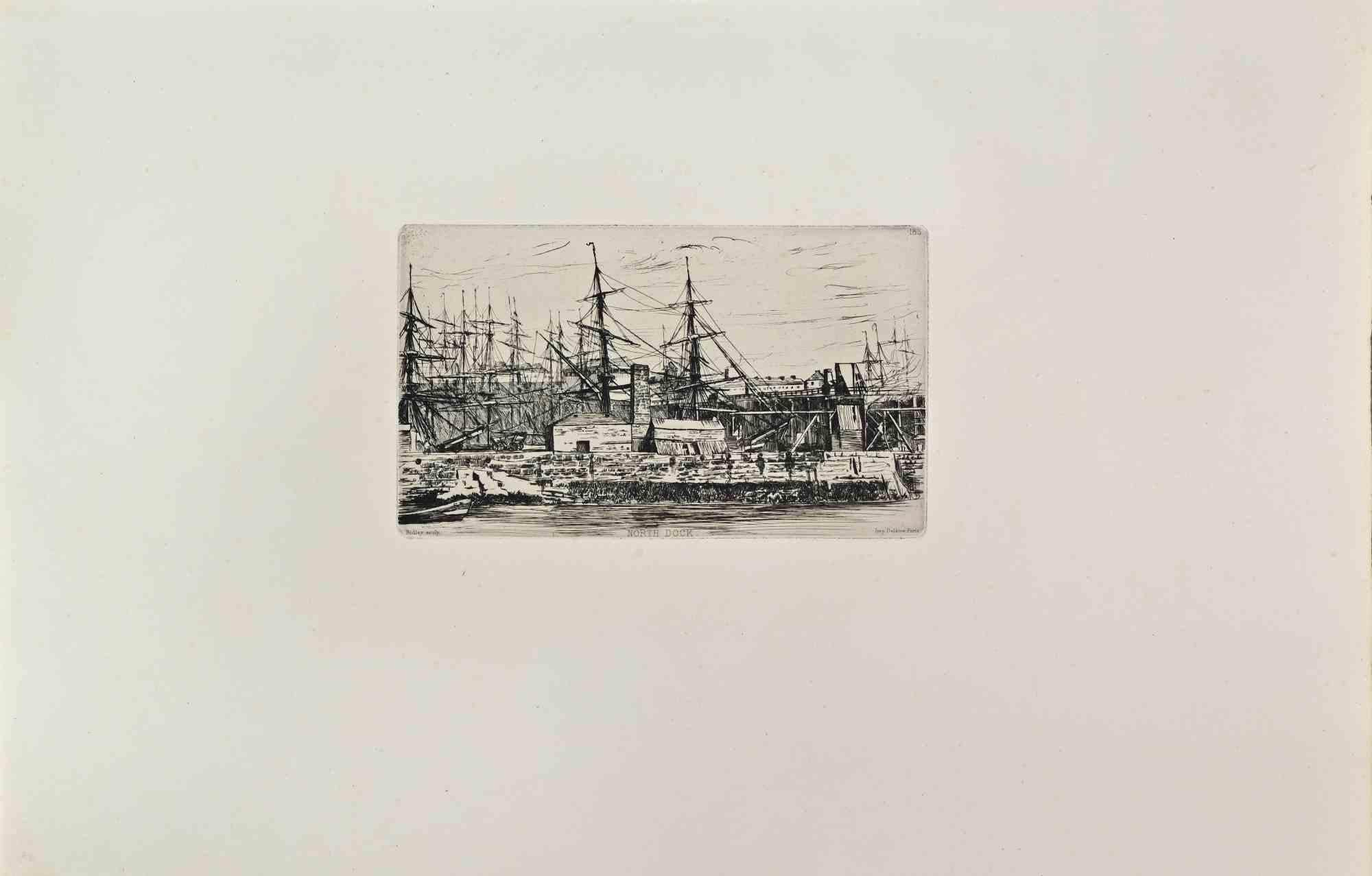 North Dock is a black and White etching realized by Mathew White Ridley in the 1860s. 

Titled in the lower.

Image size: 12x21.

Very good impression with wide margins and a very fresh inking.

Realized for the "Société des Aquafortistes. Born on