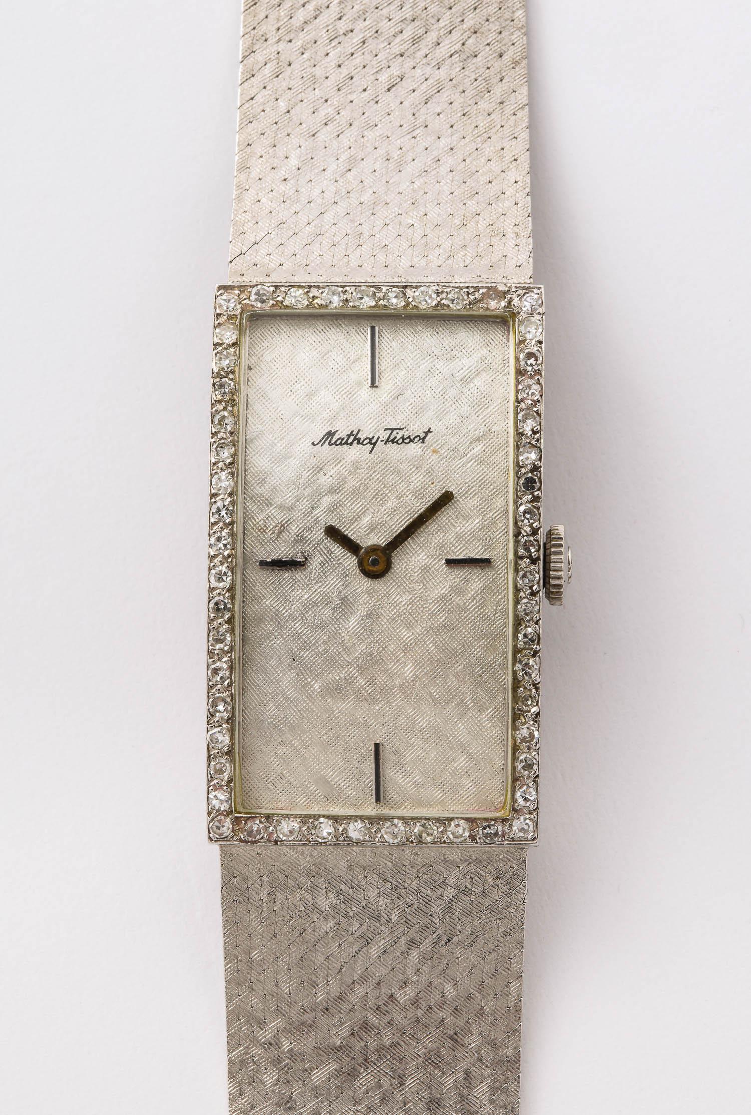 Mathey-Tissot 14k White Gold and Diamond Ladies Wide Bracelet Watch.  It is vintage but looks like it was manufactured today. When you want a gold and diamond watch this is a great choice.  Of course, it is suitable for everyday wear as well.

You