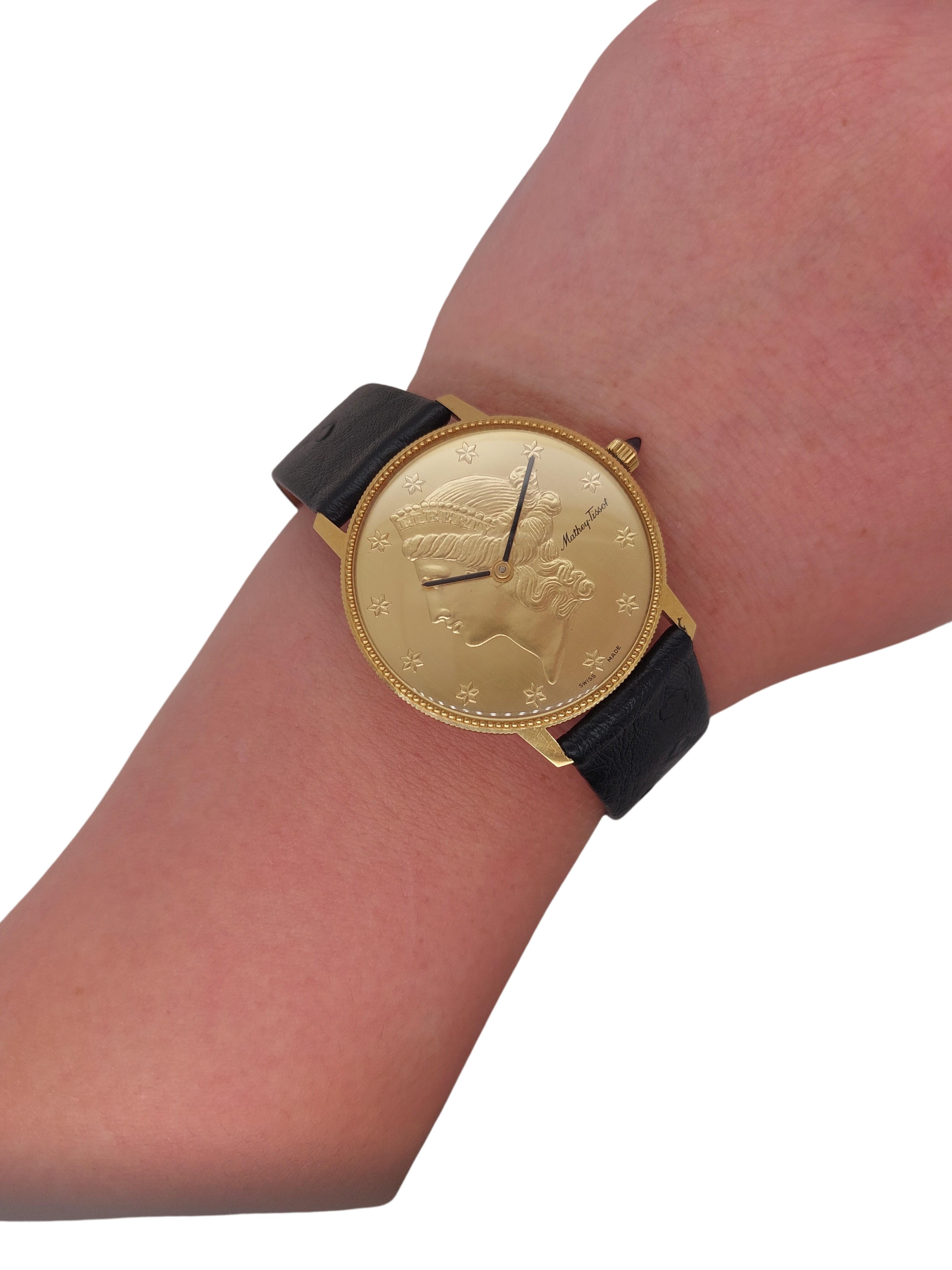 Mathey Tissot Montre Liberty Coin en or 18 carats, mouvement mécanique, avec boîte en vente 5