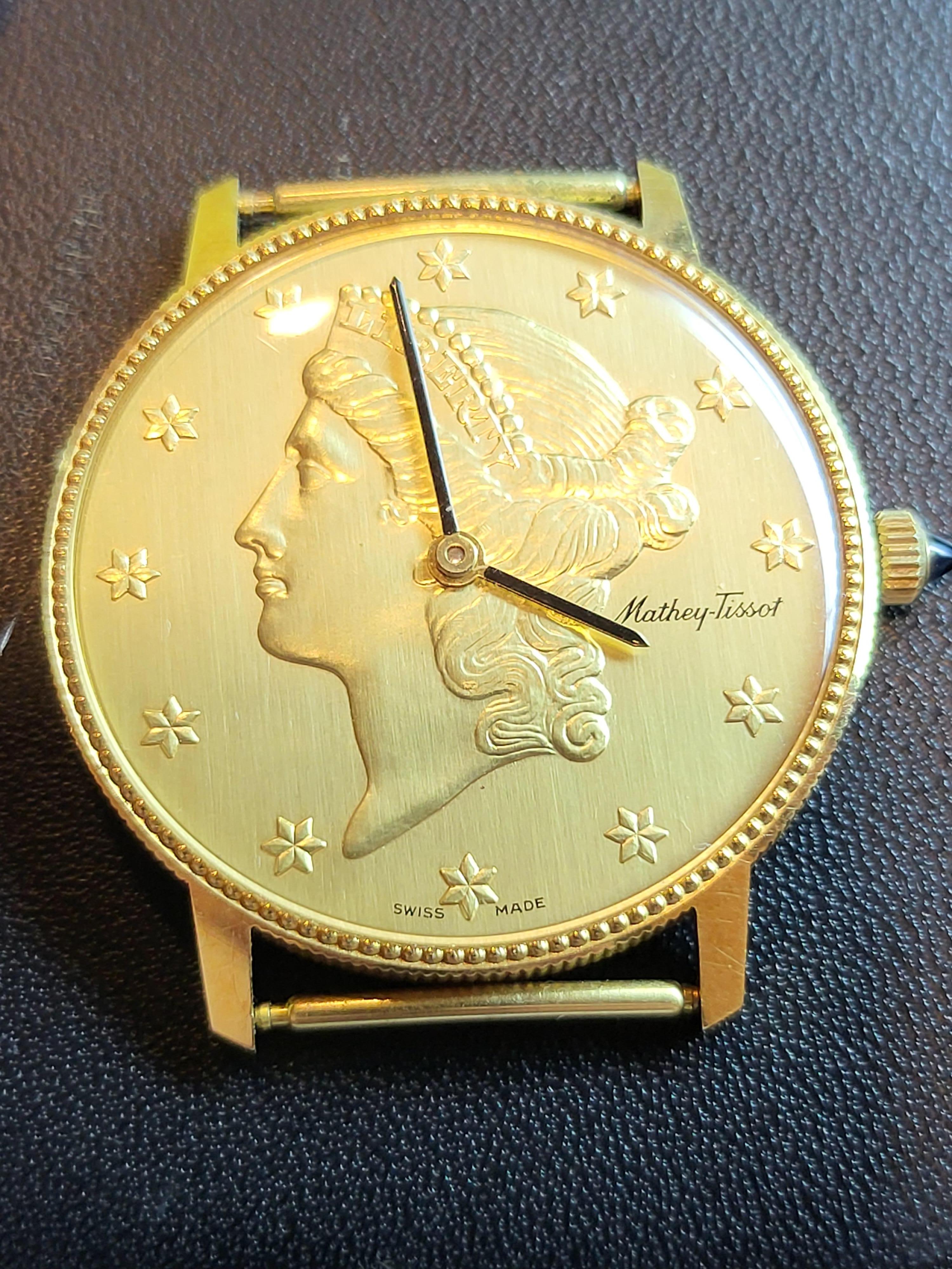 Mathey Tissot Montre Liberty Coin en or 18 carats, mouvement mécanique, avec boîte en vente 8