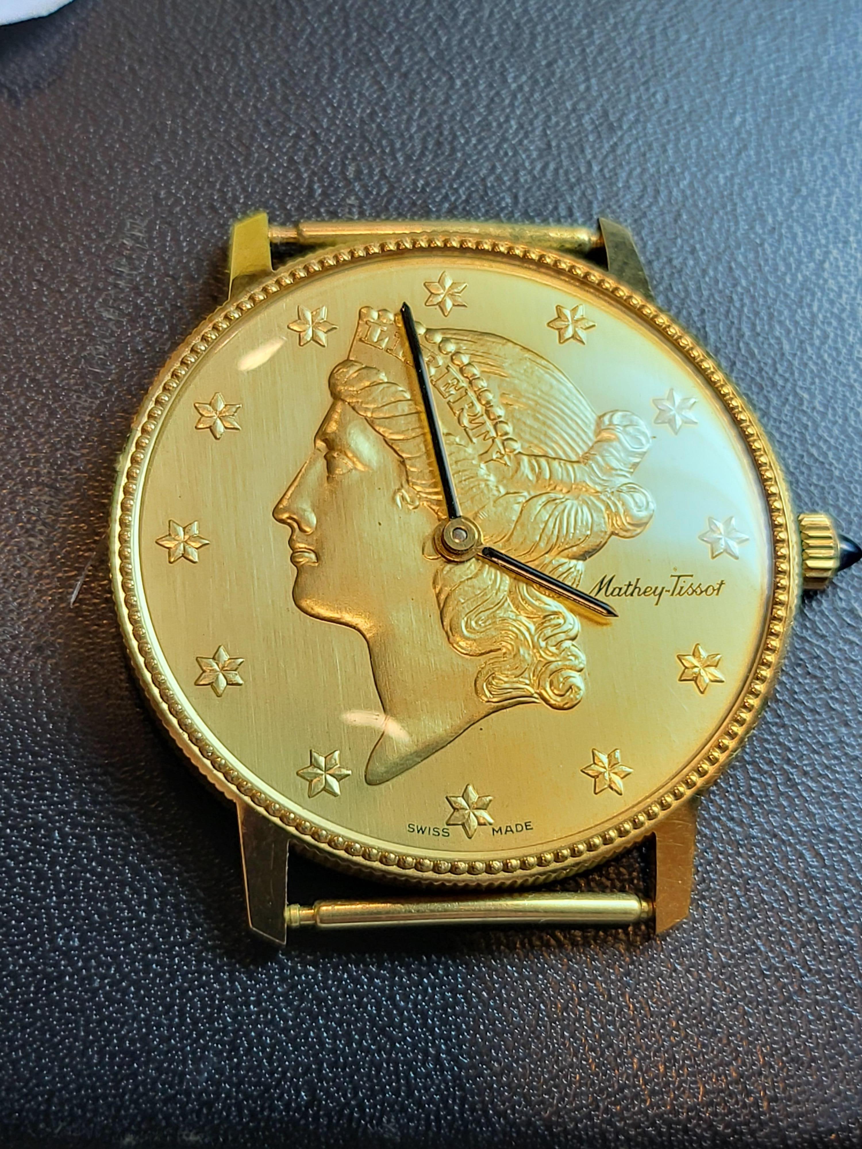 Mathey Tissot Montre Liberty Coin en or 18 carats, mouvement mécanique, avec boîte en vente 10