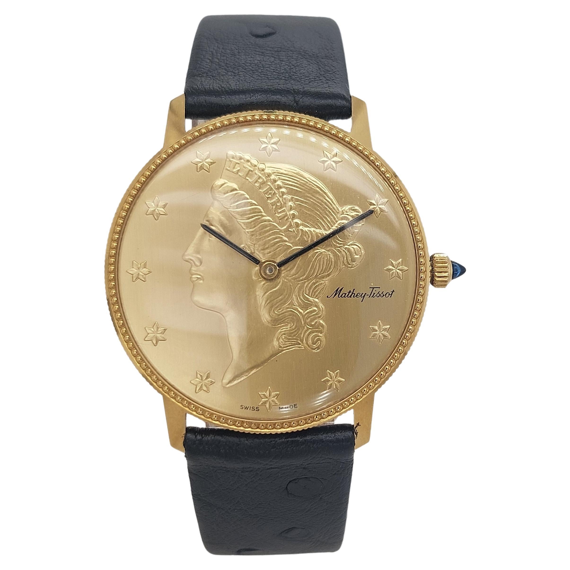 Mathey Tissot Montre Liberty Coin en or 18 carats, mouvement mécanique, avec boîte en vente