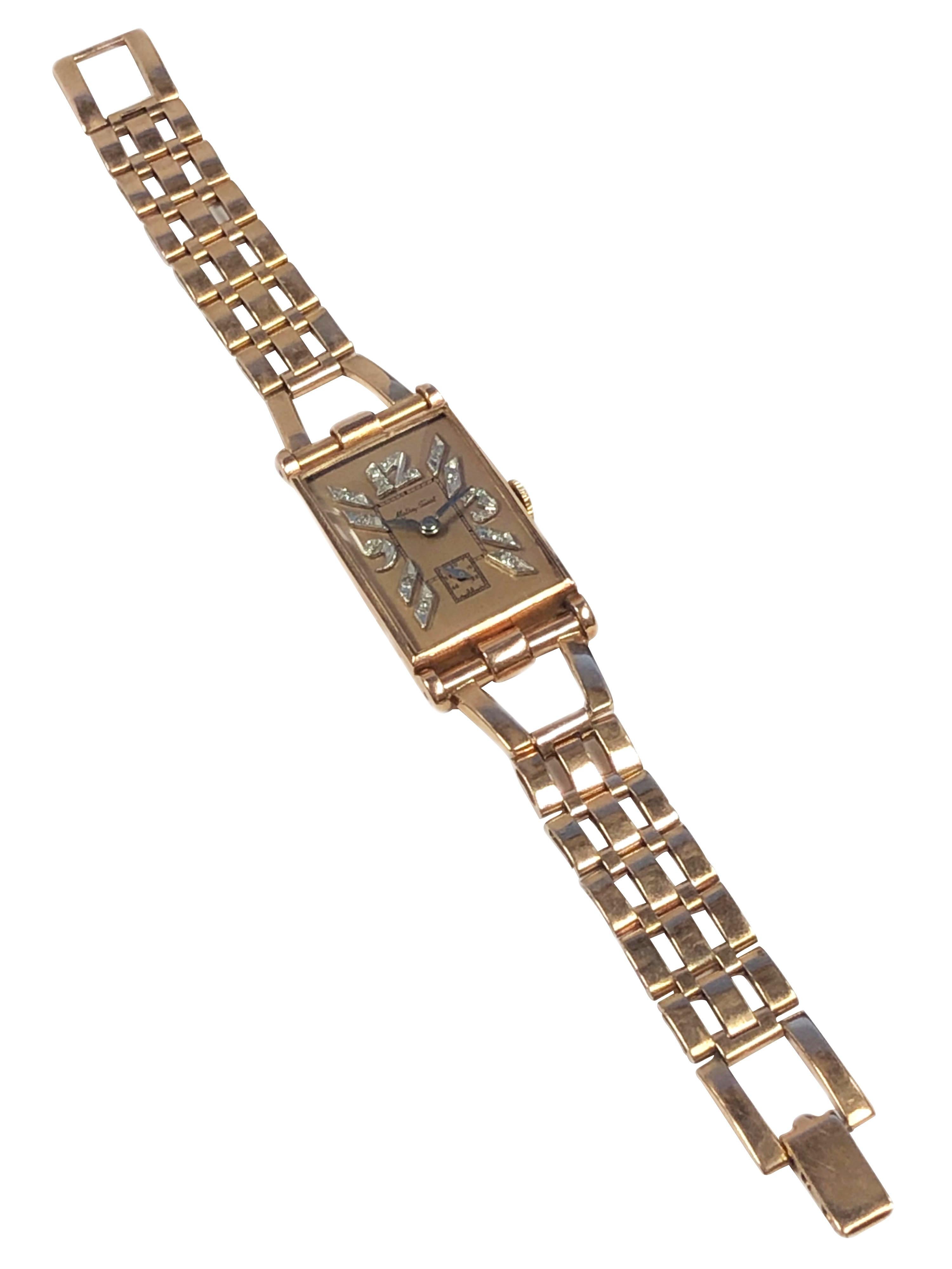 Mathey Tissot 1940s Retro Rose Gold and Diamond Dial Mechanical Bracelet Watch In Excellent Condition For Sale In Chicago, IL