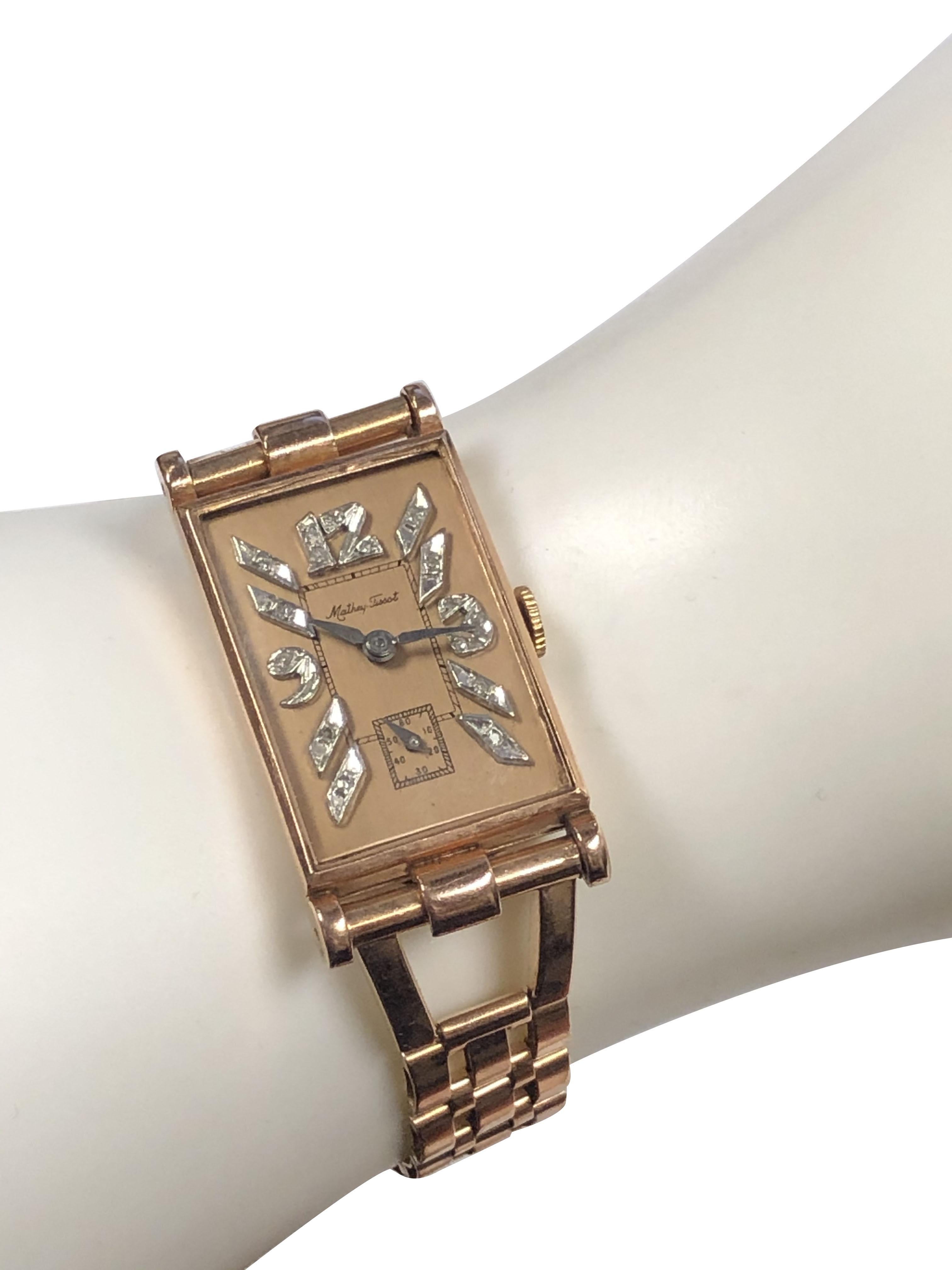 Women's or Men's Mathey Tissot 1940s Retro Rose Gold and Diamond Dial Mechanical Bracelet Watch For Sale