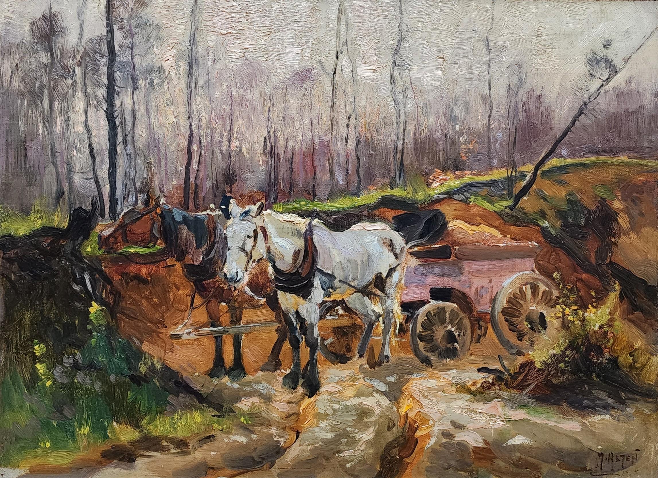 Dos caballos y un carro, Impresionista, Artista de Michigan, Mathias Alten en venta 1