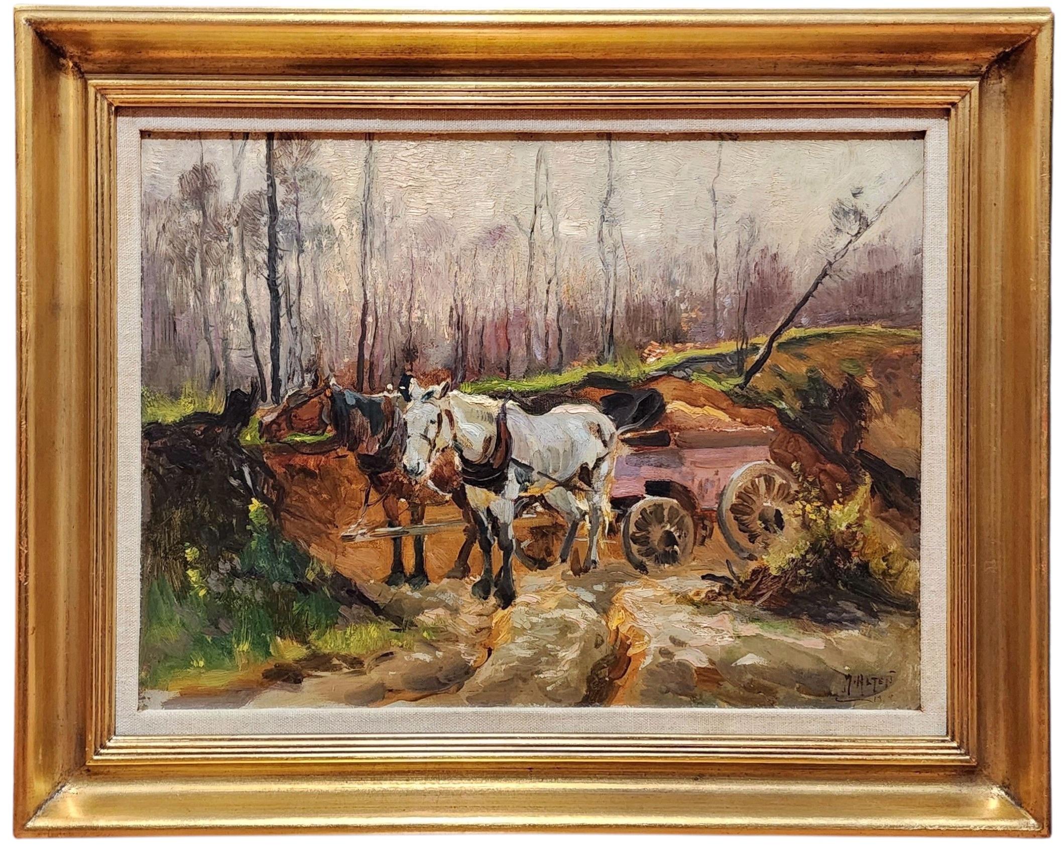 Two Horses and a Cart, Impressionist, Michigan Artist, Mathias Alten
