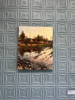 "At The Dike I" paesaggio impressionista plein air di una zona umida erbosa