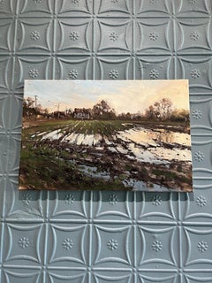 "At The Dike II" Impressionist landscape of a grassy wetland with house