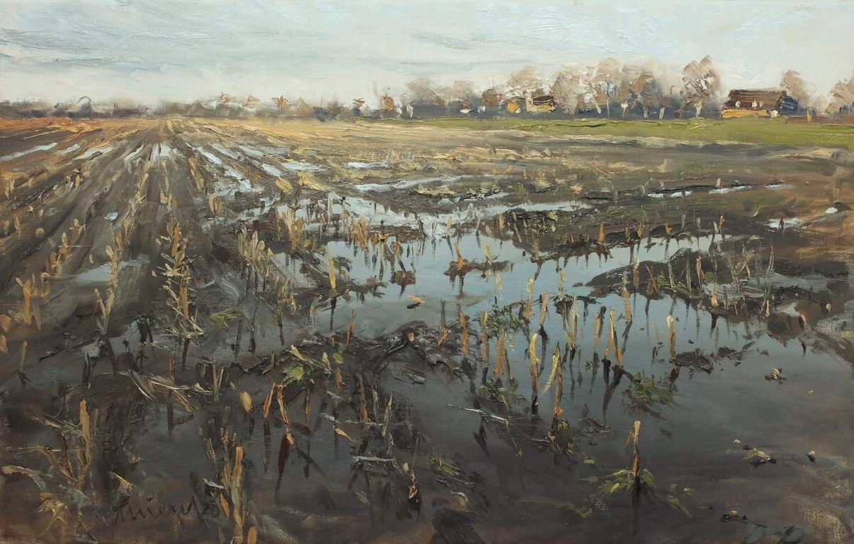 Landscape Painting de Mathias Meinel - "Campo inundado" Paisaje impresionista después de la lluvia, Hamburgo, Alemania
