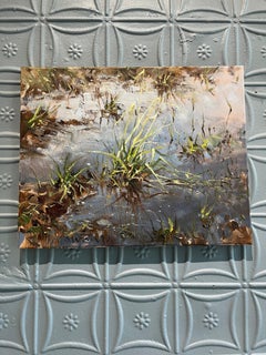 "Grass Tuft I" impressionist en plein air close-up of a flooded field