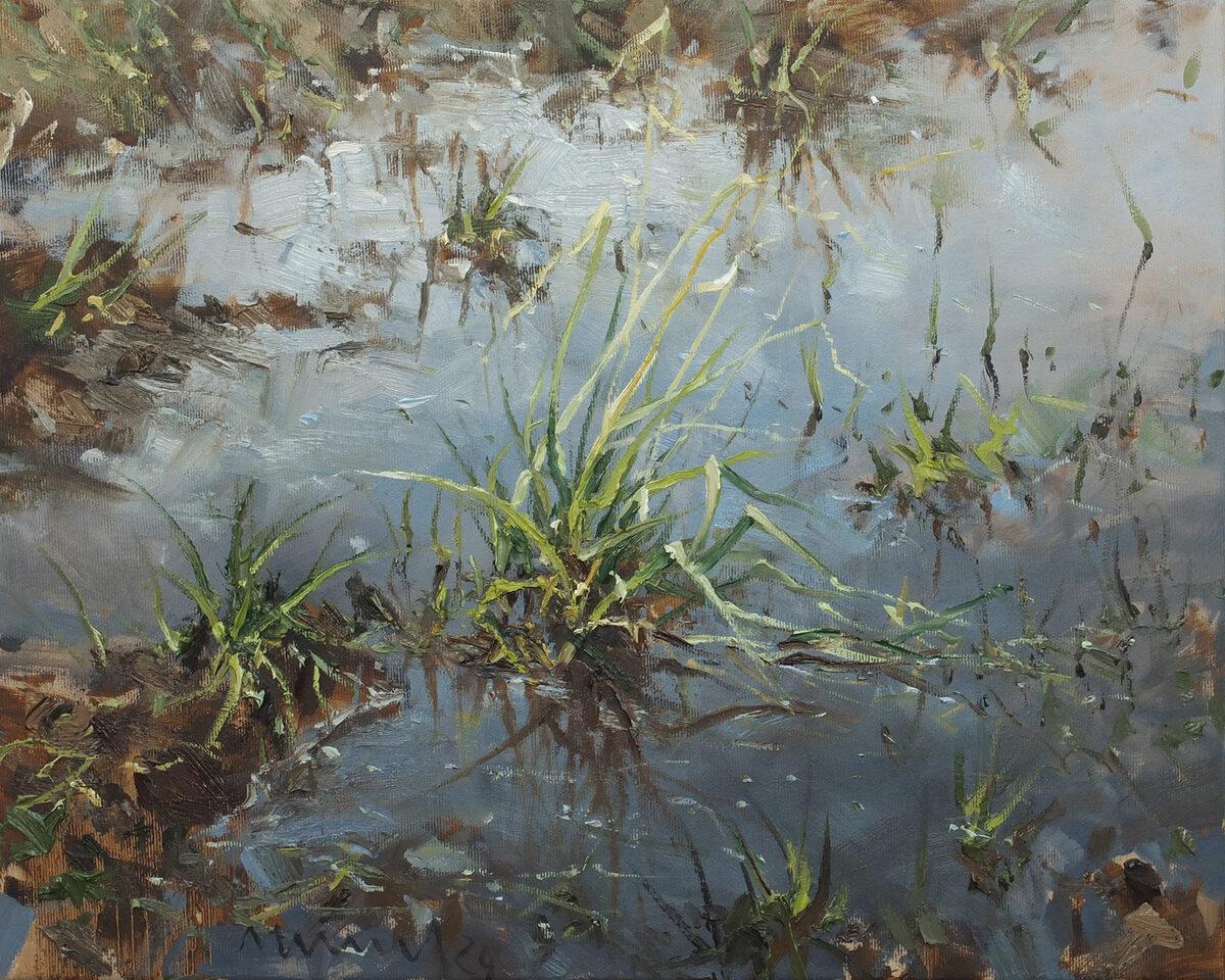 Landscape Painting di Mathias Meinel - "Ciuffo d'erba I" primo piano impressionista en plein air di un campo allagato