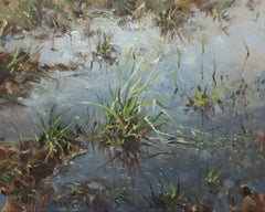 « Grass Tuft I » impressionniste en plein air en gros plan d'un champ inondé