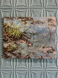 "Grasbüschel II" Pleinair-Impressionistische Wasserlandschaft mit kühlen Tönen, ungerahmt