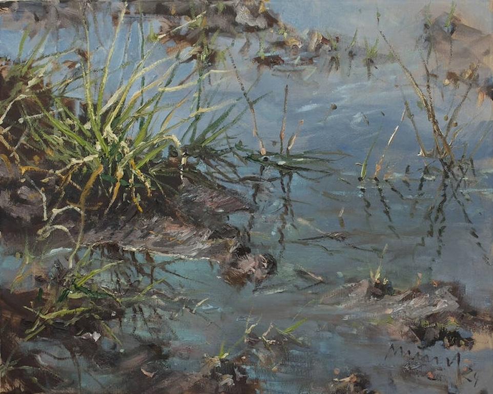 Landscape Painting Mathias Meinel - "Grass Tuft II" paysage aquatique impressionniste en plein air avec des tons froids, non encadré