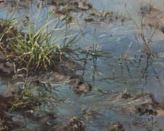 "Penacho de hierba II" paisaje acuático impresionista en plein air con tonos fríos, sin enmarcar