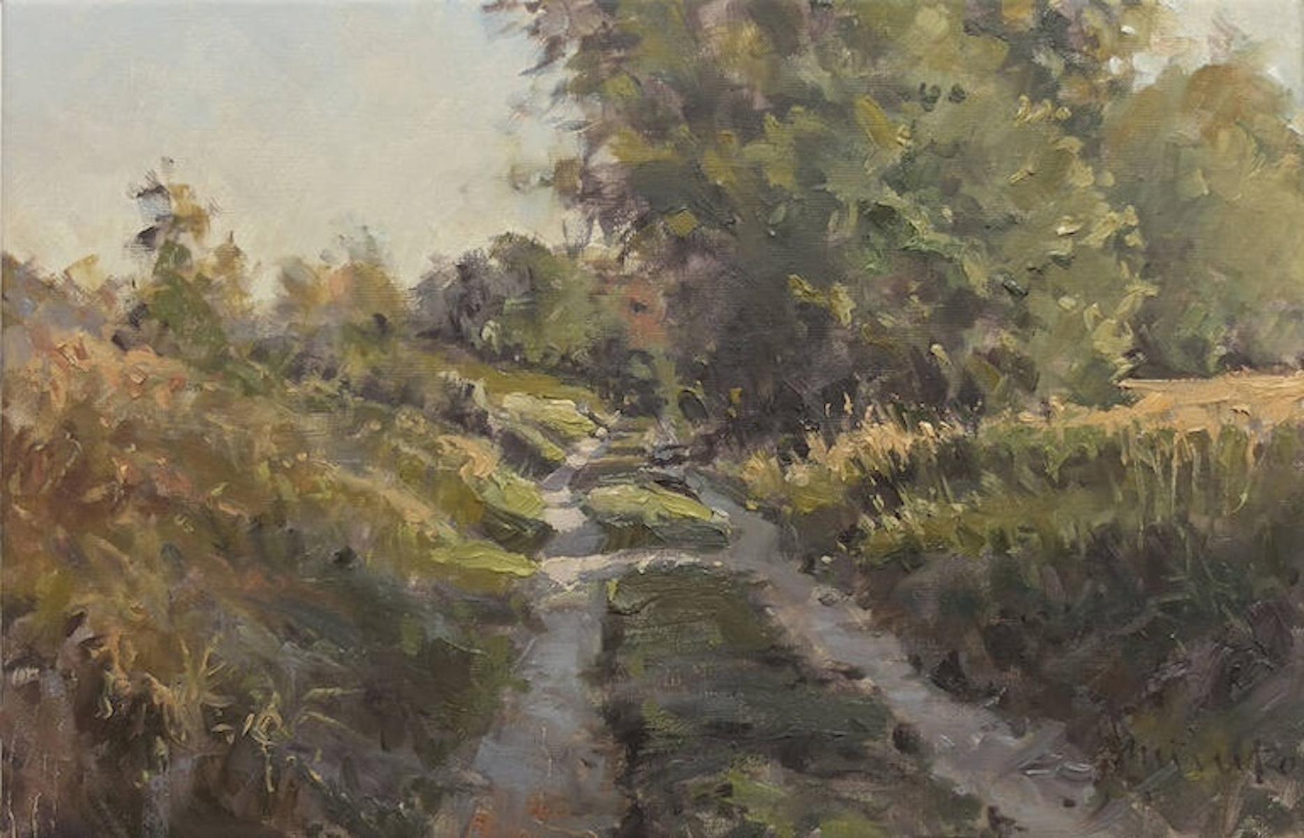Landscape Painting de Mathias Meinel - "Tarde de verano" Paisaje impresionista de un camino de tierra a la luz del verano