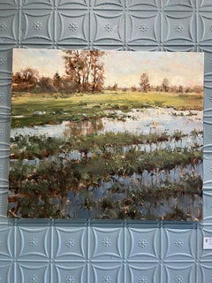 "Marshland I" Pittura a olio, impressionista, paesaggio umido, toni neutri e lunatici