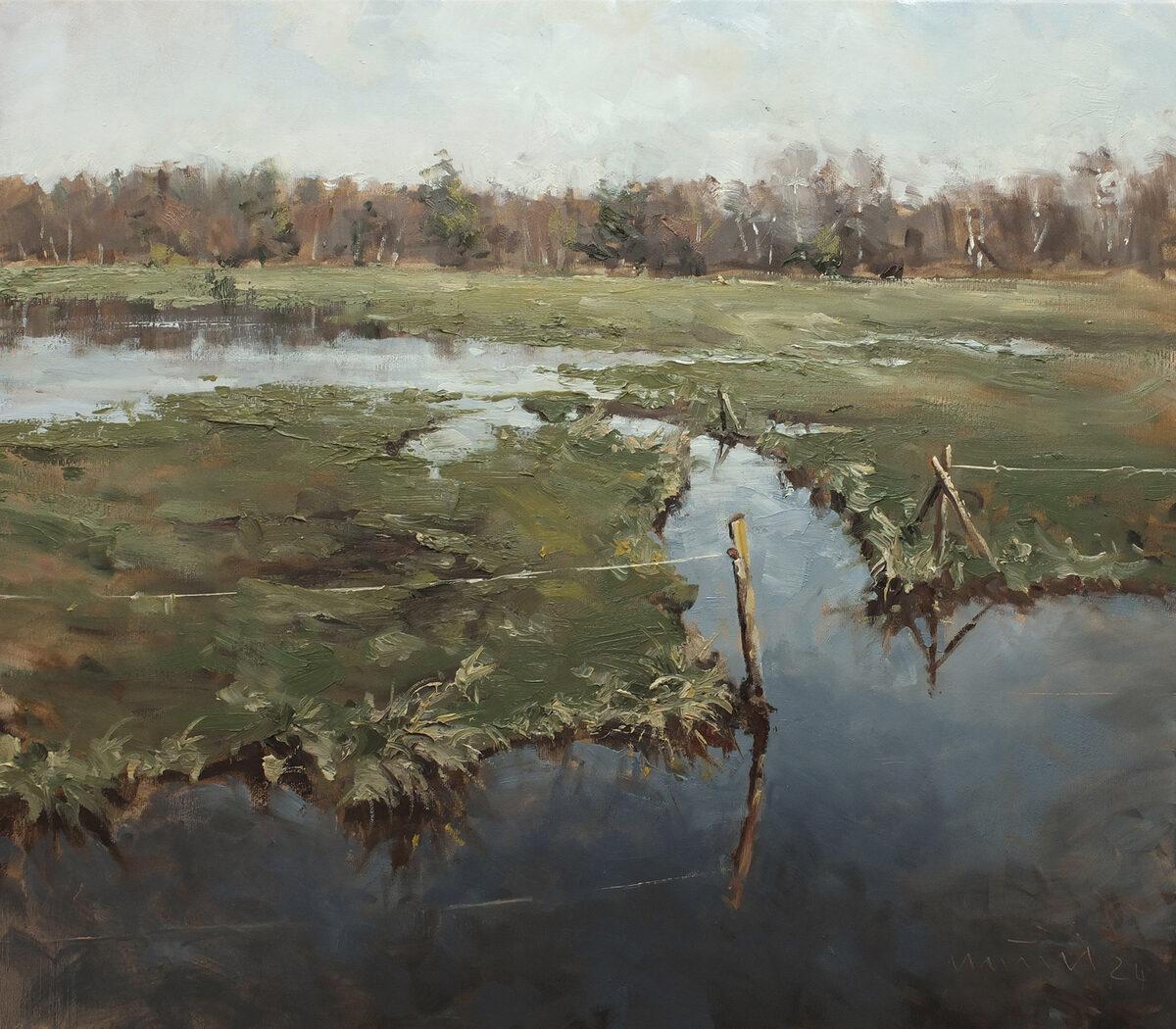 Abstract Painting Mathias Meinel - Paysage de marais impressionniste en plein air de Hambourg, Allemagne
