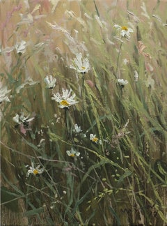 "Meadow with Marguerites III" Impressionist, landscape, cool tones