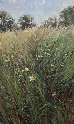 « Meadow with Marguerites IV » Paysage impressionniste d'une prairie avec marguerites