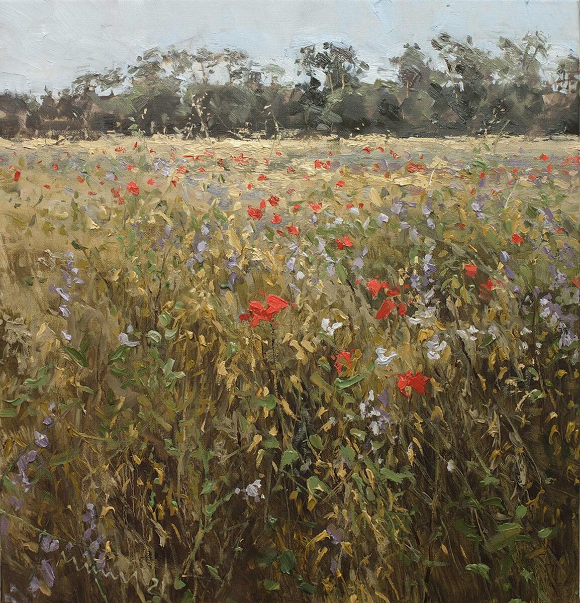 Landscape Painting di Mathias Meinel - "Avena e papavero" Paesaggio impressionistico plein air di un campo di fiori selvatici