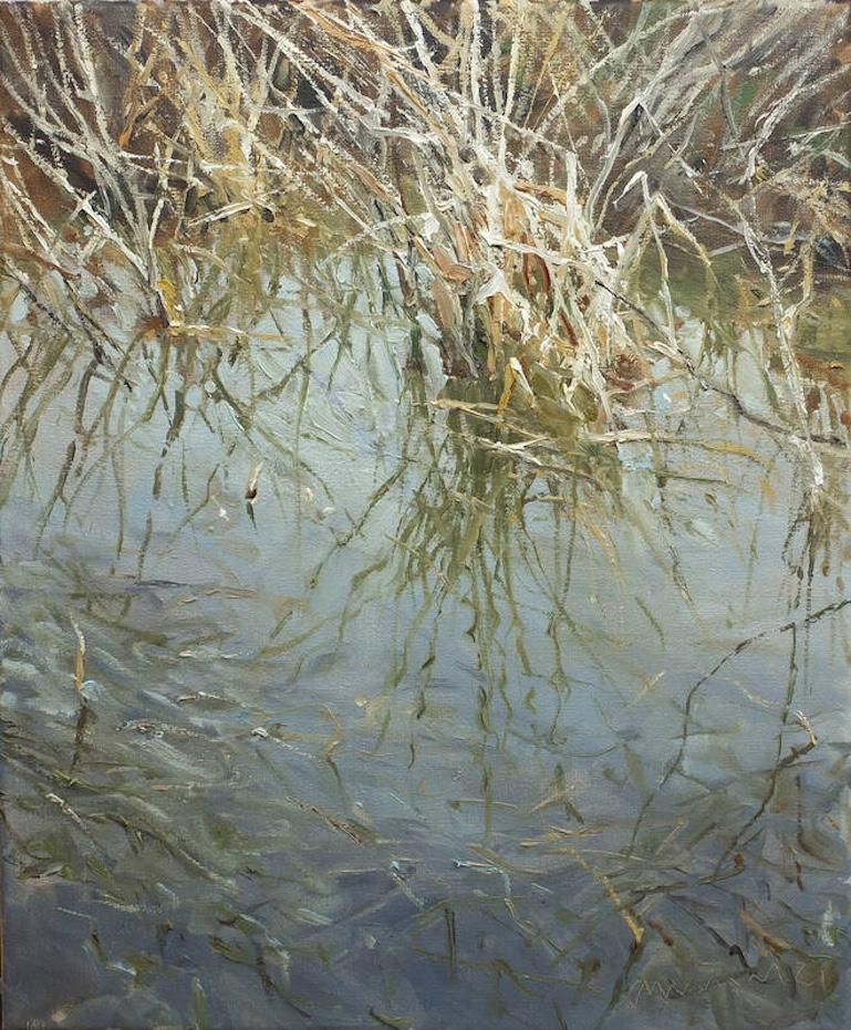 "Orilla de estanque" Paisaje acuático impresionista en plein air de la orilla de un estanque