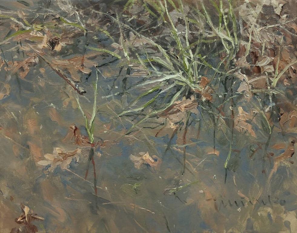 Landscape Painting de Mathias Meinel - "Pantano IV" Impresionista, paisaje acuático, tonos fríos