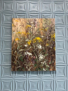 "Tansy and Yarrow III" Paesaggio impressionista di fiori selvatici, giallo verde bianco