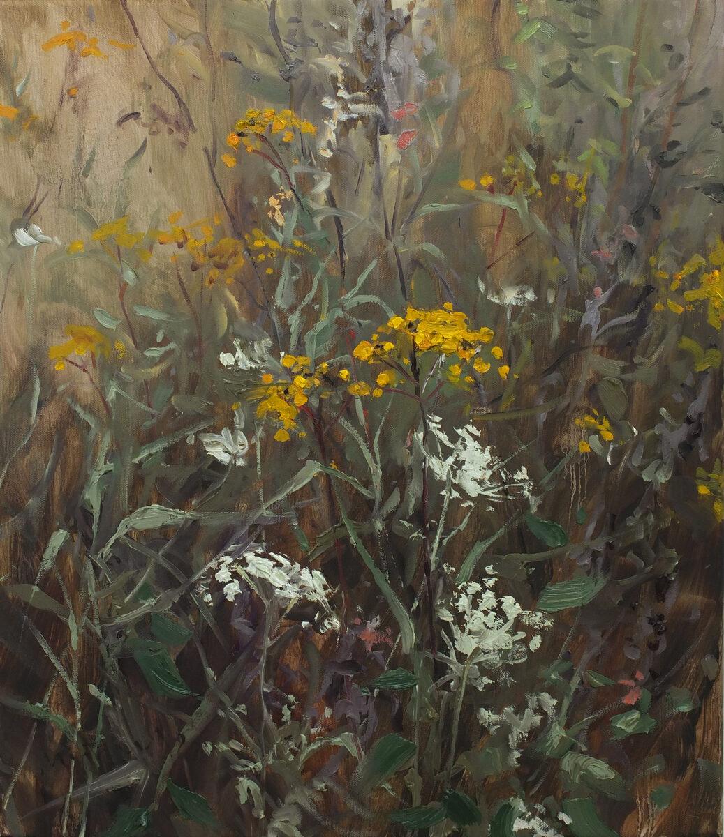 Landscape Painting di Mathias Meinel - "Tansy and Yarrow III" Paesaggio impressionista di fiori selvatici, giallo verde bianco