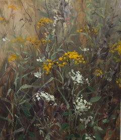 "Tanaceto y Milenrama III" Paisaje impresionista de flores silvestres-amarillo verde blanco