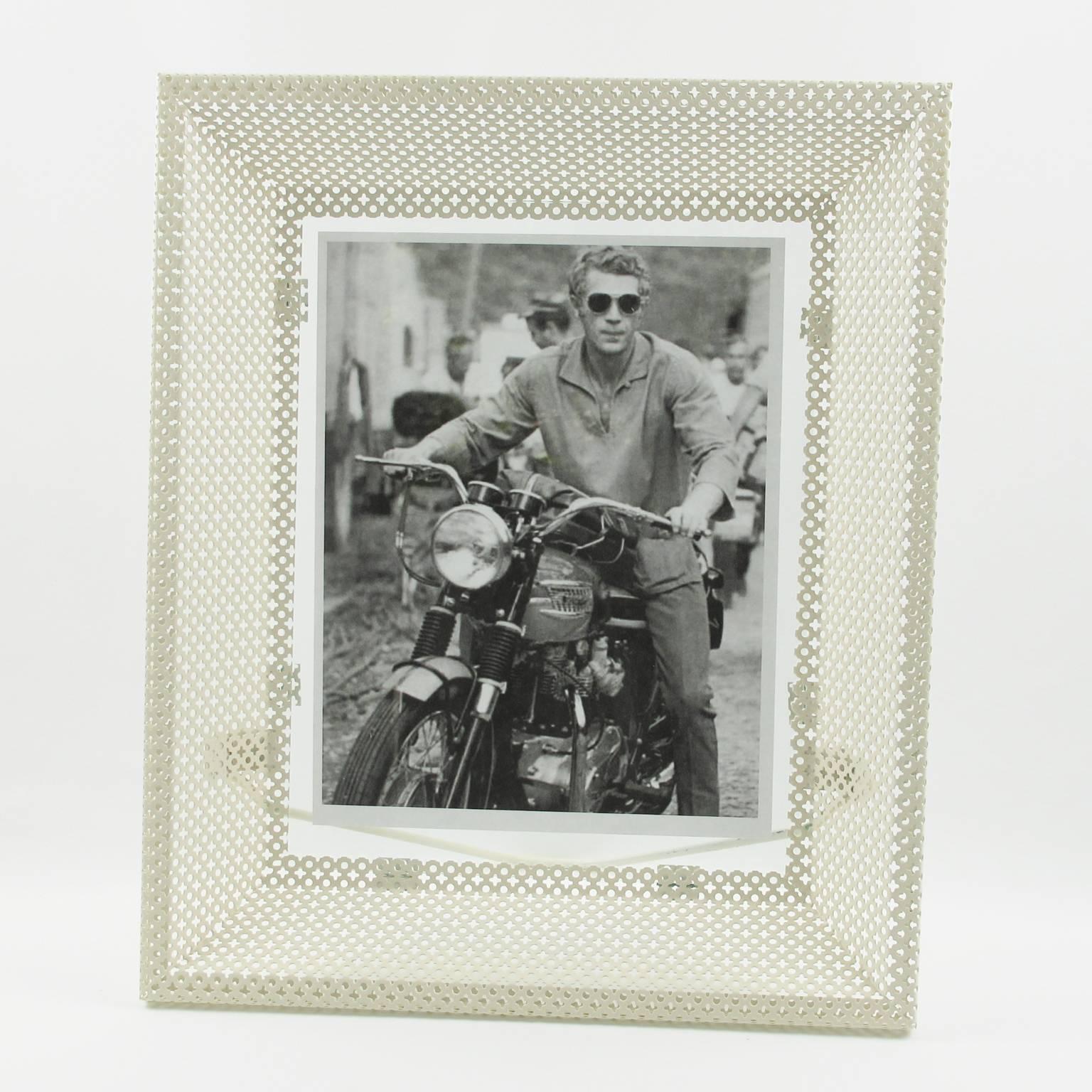 Mathieu Mategot 1950s White Perforated Metal Picture Photo Frame In Excellent Condition In Atlanta, GA