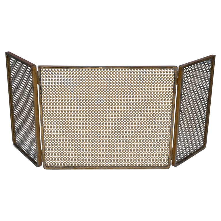 Écran de cheminée en acier robuste doré vintage à 3 panneaux avec support de protection anti-étincelles 80 cm