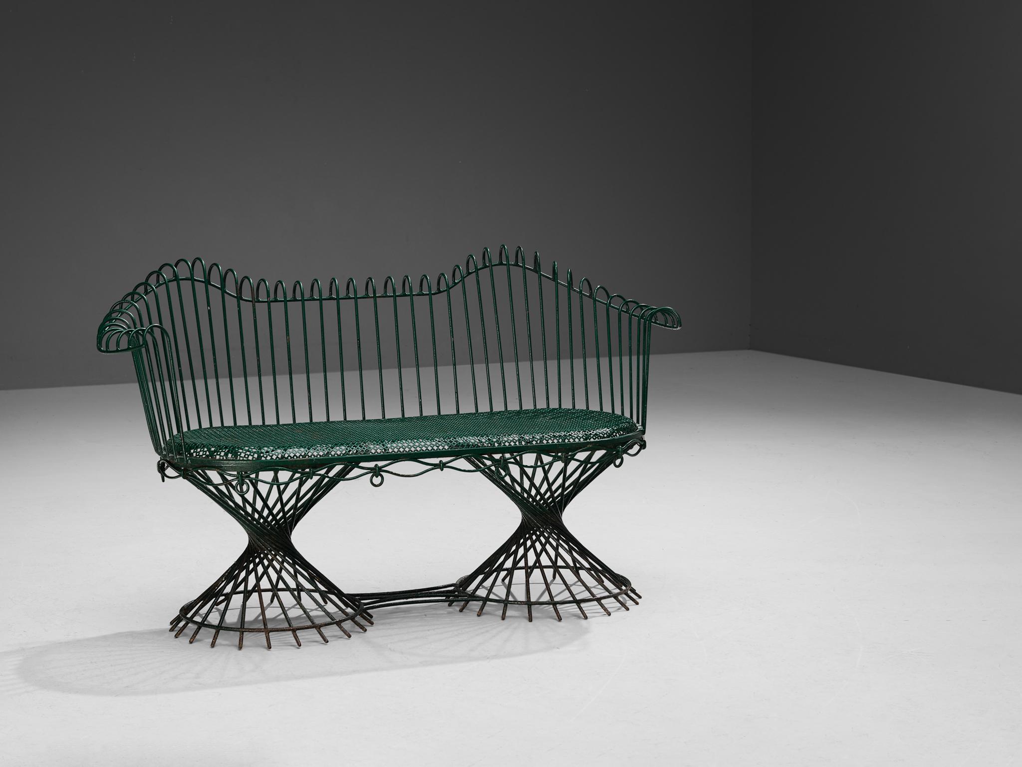 French Mathieu Matégot 'Anthéor' Bench in Green Lacquered Wrought Iron For Sale