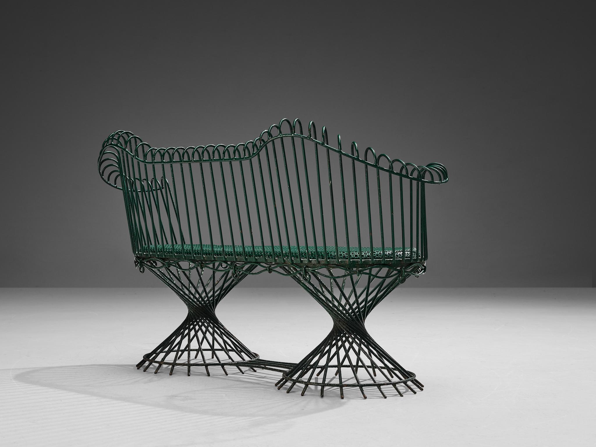 Mathieu Matégot 'Anthéor' Bench in Green Lacquered Wrought Iron In Good Condition For Sale In Waalwijk, NL