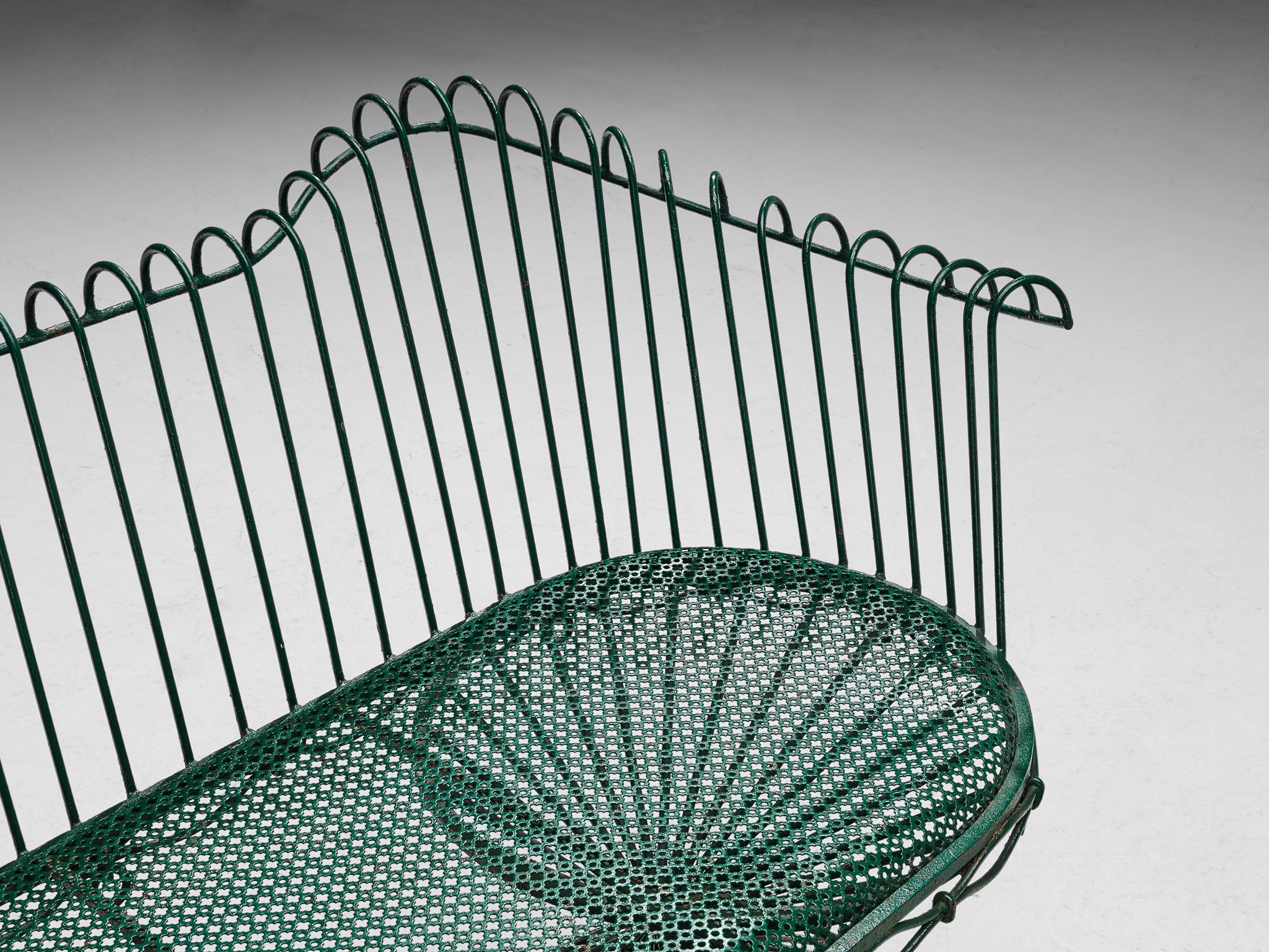 Mid-20th Century Mathieu Matégot 'Anthéor' Bench in Green Lacquered Wrought Iron For Sale