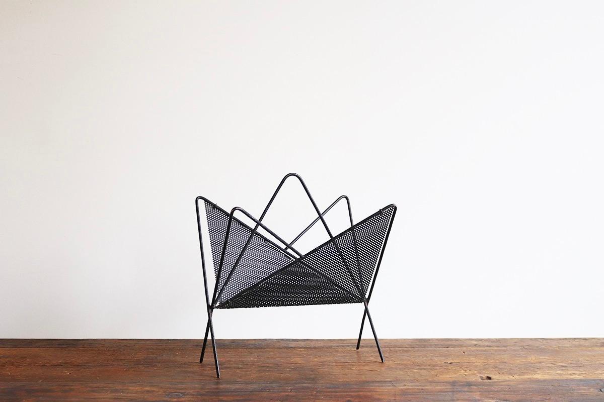 Mid-Century Modern Mathieu Mategot Black Butterfly Magazine Holder with Folded Perforated Metal For Sale