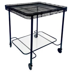 Mathieu Mategot Black Perforated Metal Bar Cart With Glass Shelf France c1950