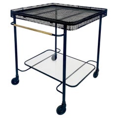 Mathieu Mategot Black Perforated Metal Bar Cart With Glass Shelf France c1950