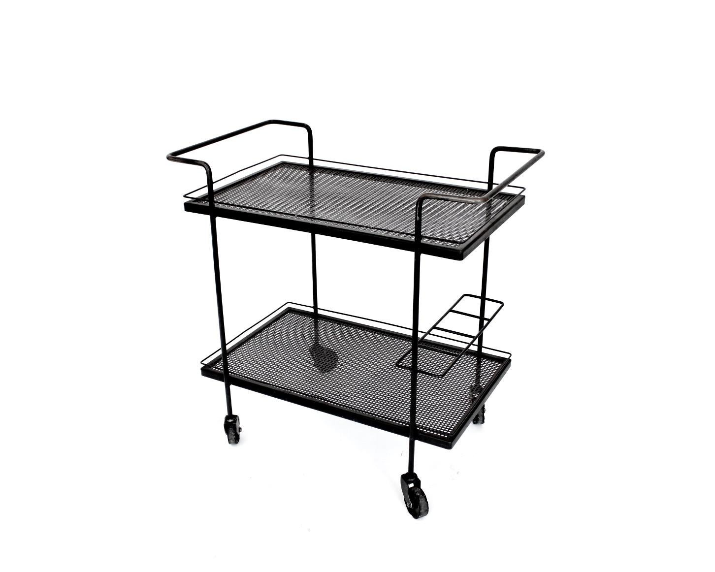 Mathieu Mategot Black Perforated Steel Bar Cart France c1950 In Good Condition In Chicago, IL