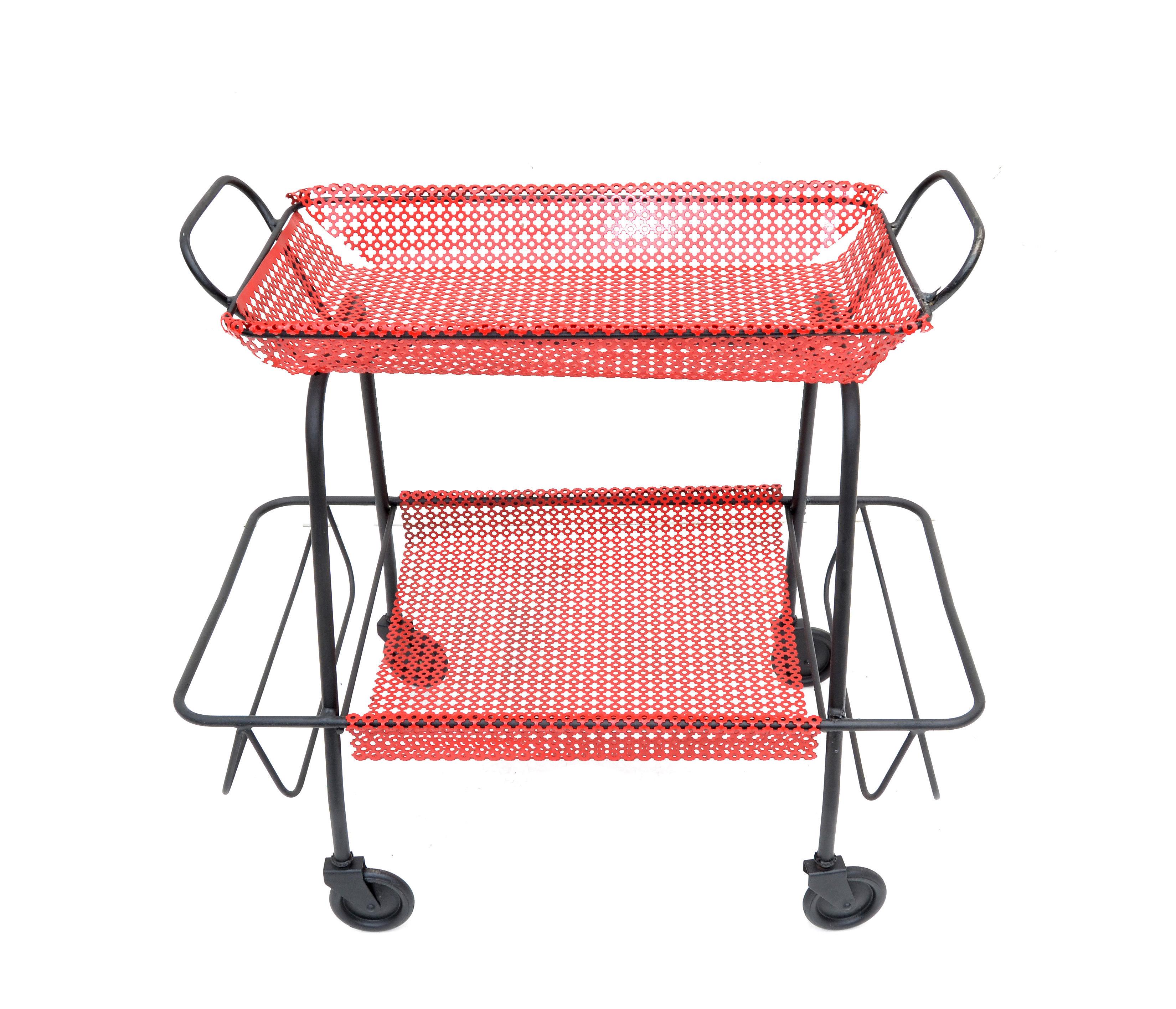 Mathieu Matégot Black & Red Finish Bar Cart on Casters French Mid-Century Modern For Sale 1