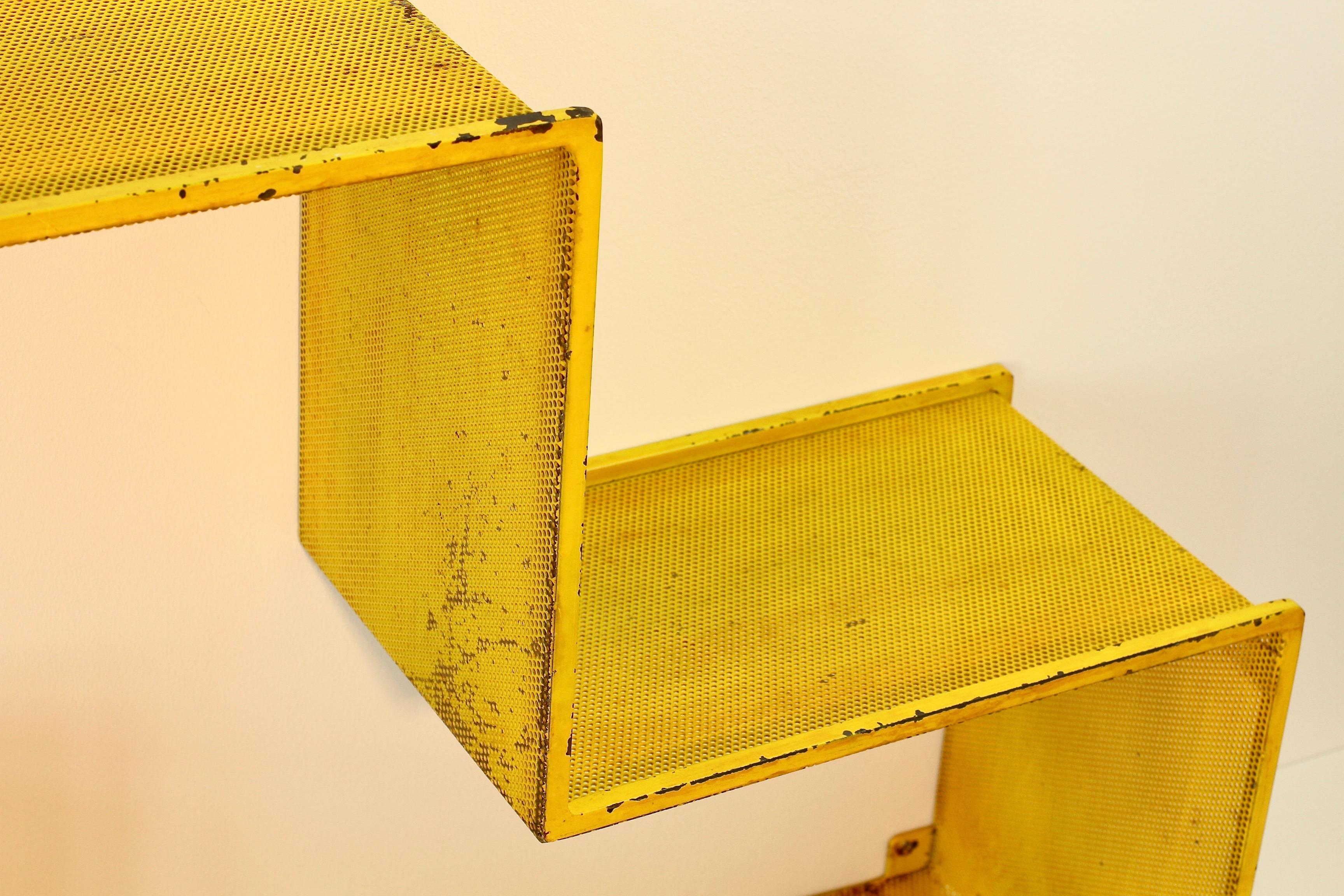 20th Century Industrial Vintage Mid-Century Perforated Yellow Metal Bookshelf or Shelves